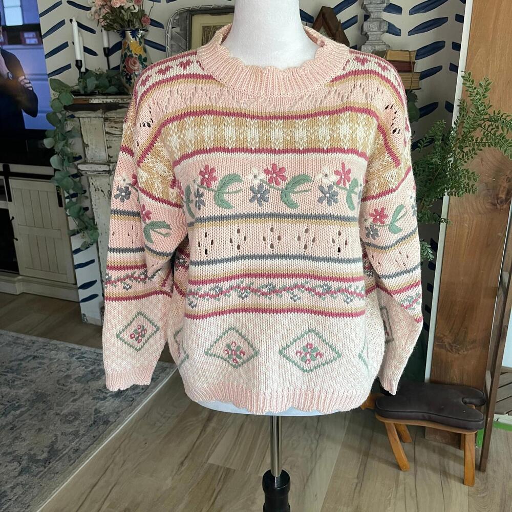 Vintage 80s Pastel Pink Fair Isle Sweater Women’s